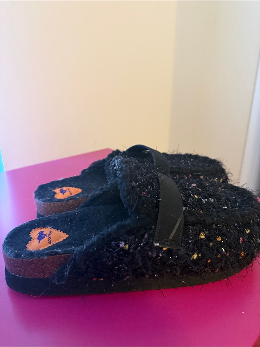 Rocket Dog Black Fuzzy Slip-On Mules with Multicolor Speckle